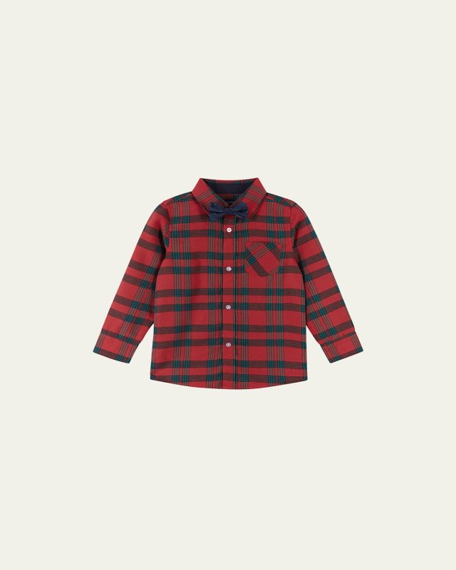 Boy's Holiday Flannel Button Down W/ Bowtie, Size 2-7